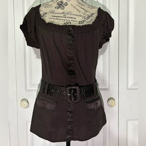 Elegant chocolate brown Button-Down Blouse with Belt